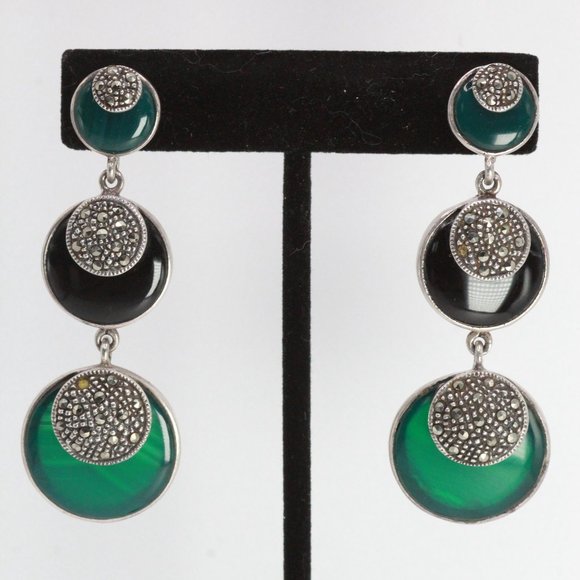 STERLING SILVER DECO ONYX CHALCEDONY LONG EARRINGS - Picture 1 of 12